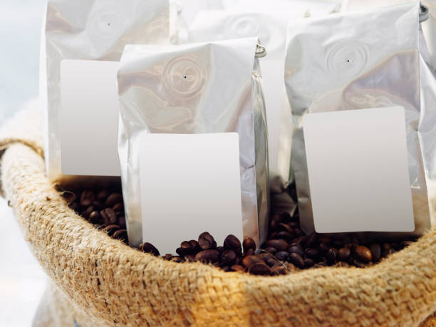 Stacked and empty coffee bags on a shelf at a trade fair in Hamburg, Germany
