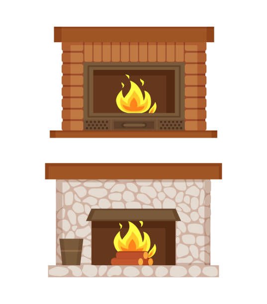 ilustrações de stock, clip art, desenhos animados e ícones de fireplace made of bricks and stones interior set - equipped