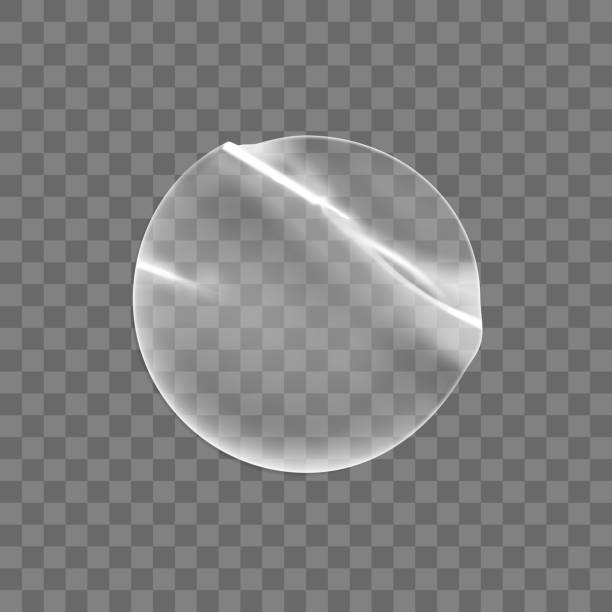 istock Transparent round adhesive stickers mock up isolated on transparent background. Plastic crumpled round sticky label with glued effect. Template of a label or price tags. 3d realistic vector mockup 1281204922