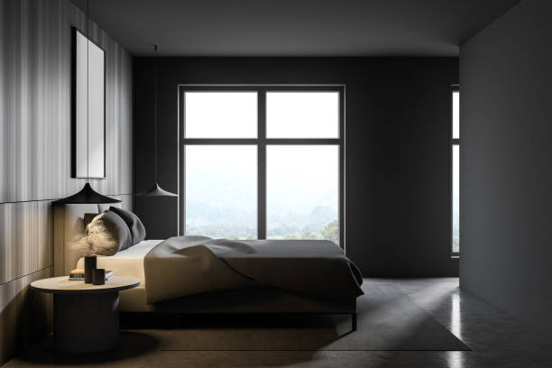istock Dark wooden master bedroom with window, side view 1281209145