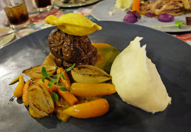 istock Roasted beef tenderloin steak served with mashed potato and side vegetables 1281209863