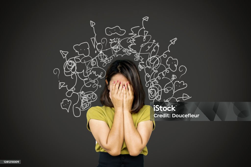 depressed Asian woman in deep many thoughts, having problem with over thinking Emotional Stress Stock Photo