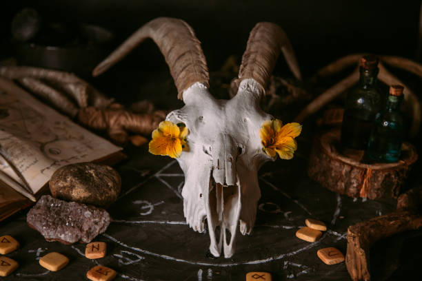 istock White goat scull with horns, flowers, open old book, candles on witch table. 1281210135