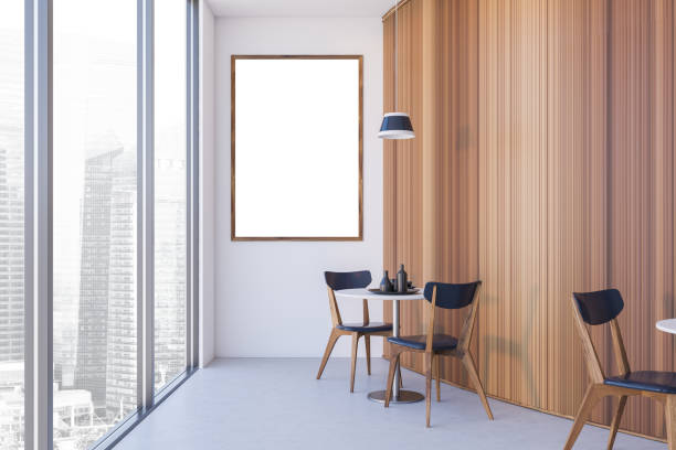 istock Mock up poster in round white and wooden cafe interior 1281210368