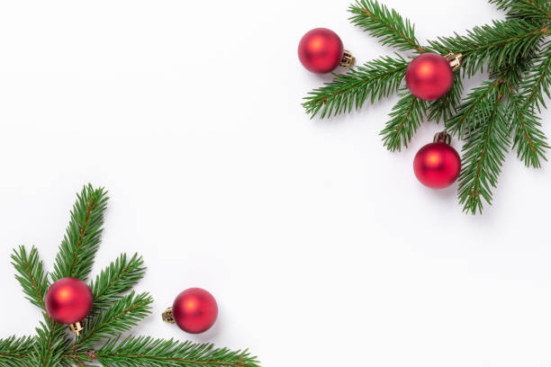 istock Minimal christmas composition. Fir tree branches with red christmas balls on white background. Top view. Copy space 1281211447