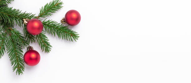 istock Christmas horizontal banner. Fir tree branches with red christmas balls on white background. Top view. Copy space 1281211461