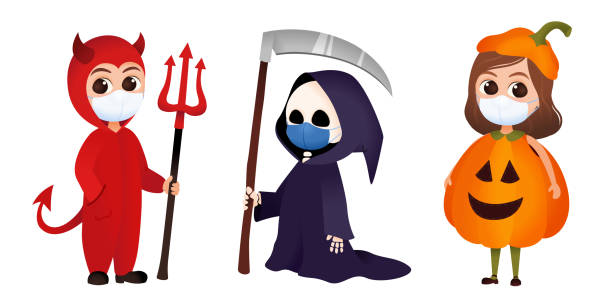 Covid halloween costume set Covid halloween costume set, children with face mask devil costume stock illustrations