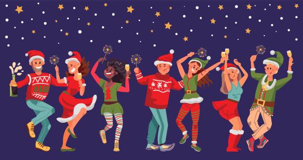 クリスマスのお祝いの人々。楽しい女性の男、若い友人は新年のパーティーで踊ります。飲み物のスパークラーを持つ幸せな人は、クリスマスベクトルセットを祝います - christmas fun set gift点のイラスト素材／クリップアート素材／マンガ素材／アイコン素材