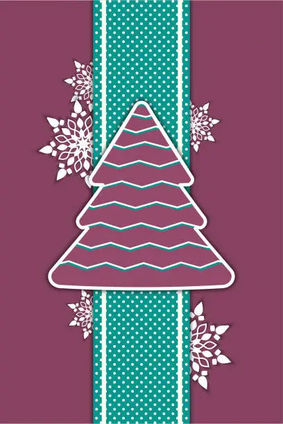 Vector illustration of Vector cover for a book, magazine or greeting card for the New Year, Christmas or other holiday with a paper cut Christmas tree and openwork snowflakes