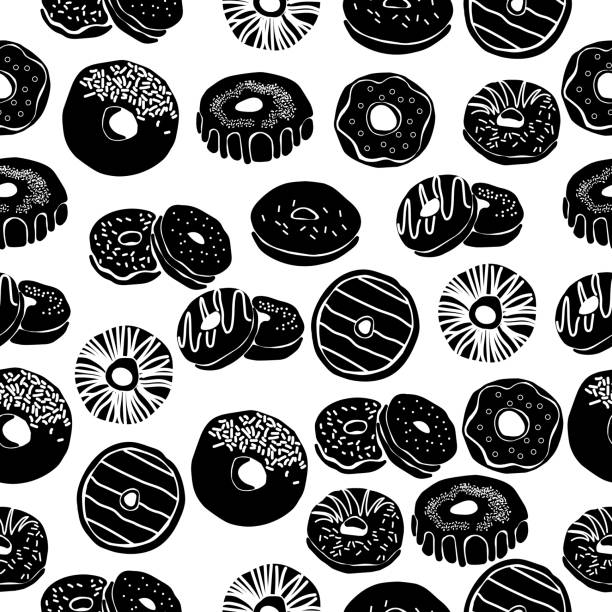 Seamless pattern of silhouettes of glazed donuts with various decoration on a white background, sweet pastries Seamless pattern of silhouettes of glazed donuts with various decoration on a white background, sweet pastries for a quick snack vector illustration bakery silhouettes stock illustrations