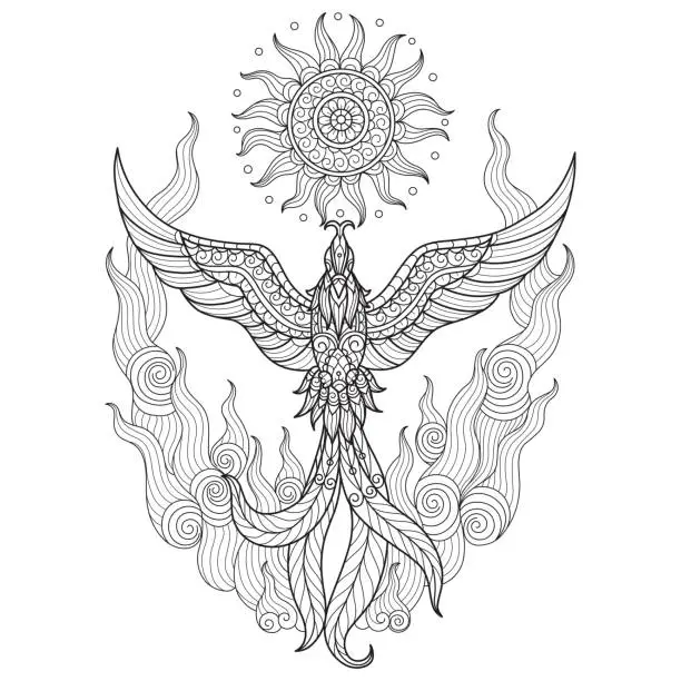 Vector illustration of Zen doodle Phoenix tangles adult coloring page, Illustration zentangle style.