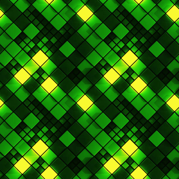 Seamless pattern of green concrete and glowing cubes. Computer generated tileable background. Abstract 3D render