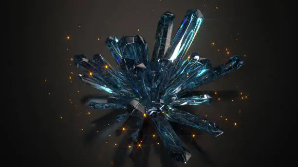 Dreamlike crystal druse and fireflies. 3D render