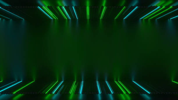 istock Sci-fi room with glowing green neon tubes 3D rendering illustration 1281215462