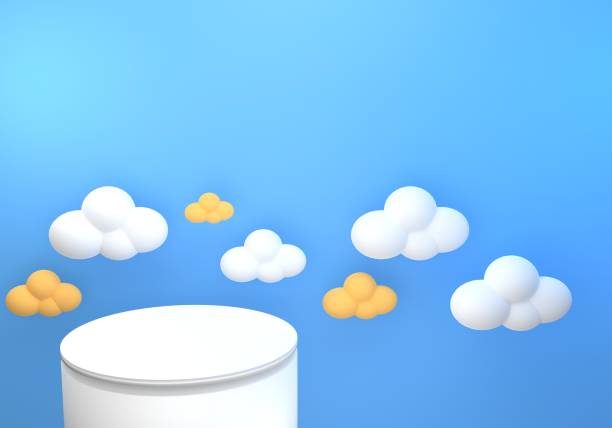 istock 3d rendering of podium with fluffy clouds on blue sky background. Minimal concept. Scene for advertising, cosmetic product, showcase, cream, magazine, fashion, summer, baby, kids. Illustration 1281215579