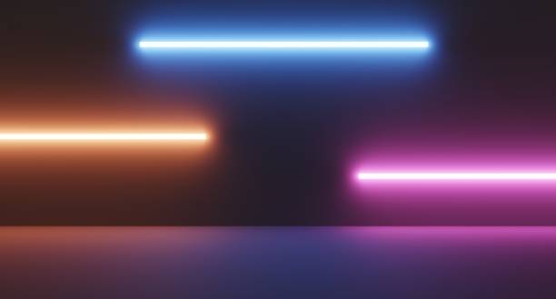 istock Empty sci fi room with orange blue purple neon tube glowing light on abstract dark background technology concept, 3d rendering, Illustration 1281216189