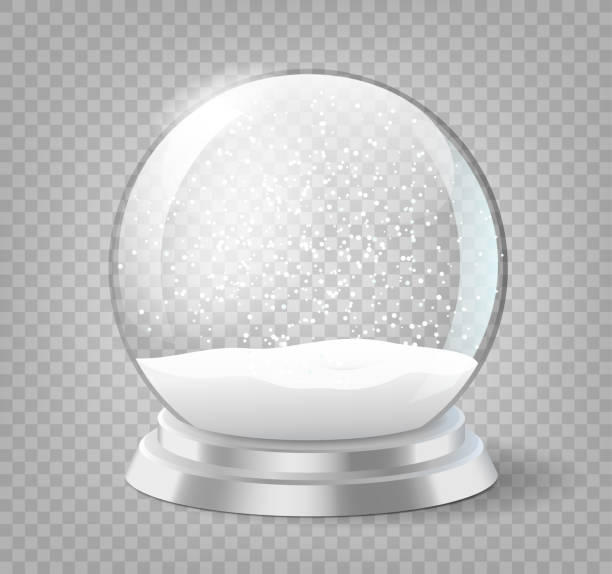 스노우 글로브. 크리스마스 휴일 스노우 글로브, 빈 유리 크리스마스 눈덩이 템플릿 - snow globe dome glass transparent stock illustrations
