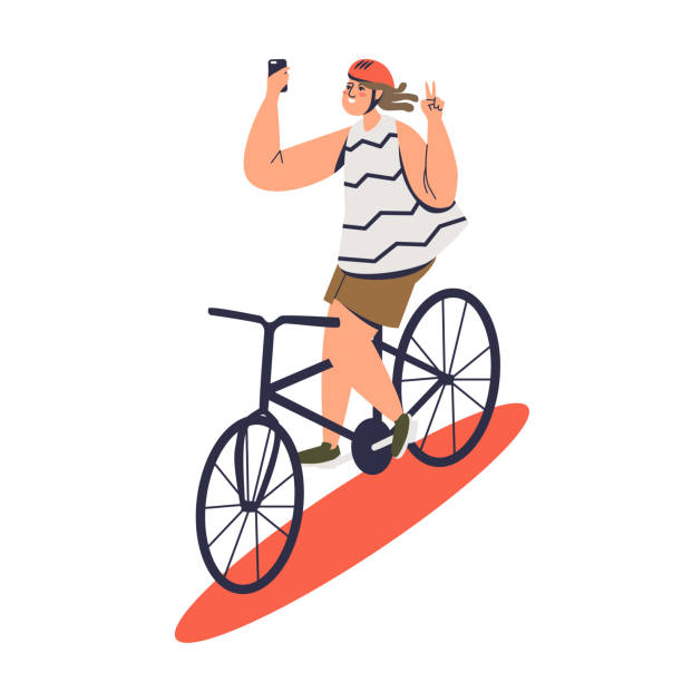 Girl making selfie photo riding bicycle. Dangerous selfie photo taking concept Girl making selfie photo riding bicycle. Cartoon female make photos on cycle ride. Dangerous selfie photo taking concept. Flat vector illustration bicycle photos stock illustrations