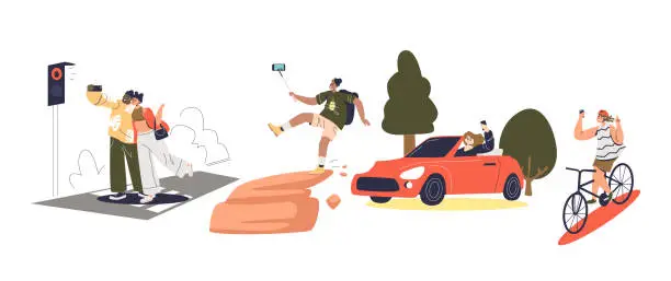 Vector illustration of People making dangerous selfie photo risking of life. Cartoon character taking selfies