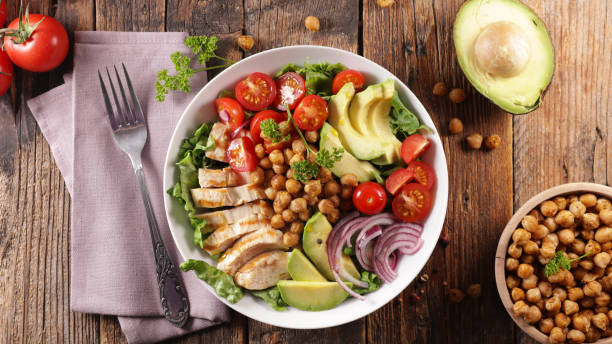 istock buddhah bowl- vegetable salad with chicken, chickpea, avocado and tomato 1281219354