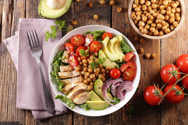 istock buddhah bowl- vegetable salad with chicken, chickpea, avocado and tomato 1281219360