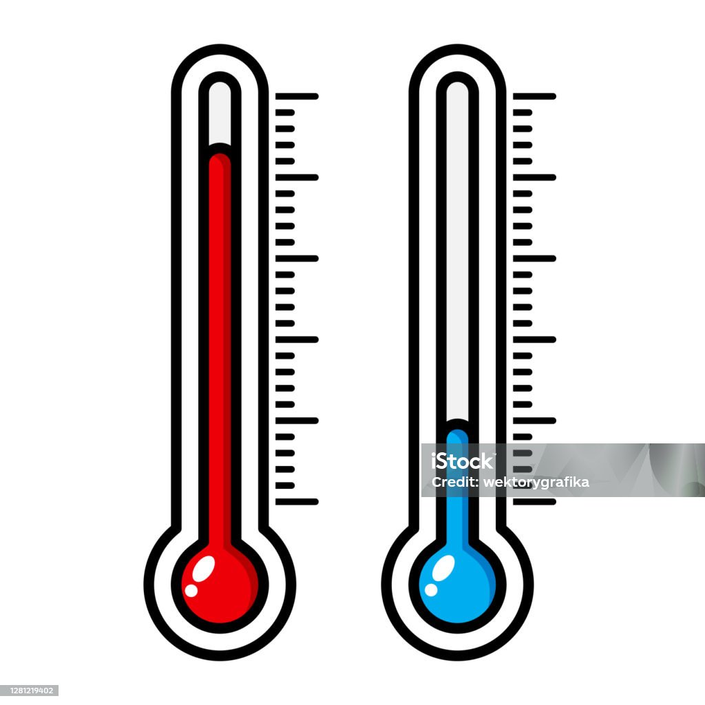 Thermometer cartoon illustration isolated on white. Meteorology thermostat vector icon. Measure level: warm and cold. Temperature measurement. Blue and red weather measuring indicator. Accuracy stock vector