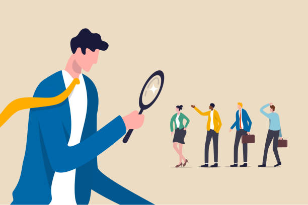 ilustrações de stock, clip art, desenhos animados e ícones de searching the best candidate or job, human resources, head hunt, choosing talent for job vacancy or company recruitment concept, employer boss or hr use magnifying glass to choose job interview people - recruitment