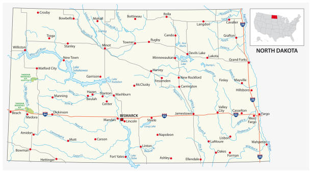 road map of the US American State of north dakota road map of the US American State of north dakota north dakota stock illustrations