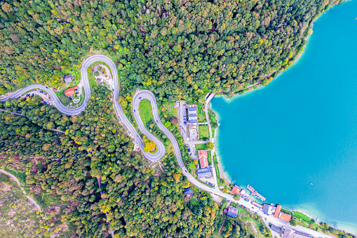 Kesselberg Passroad at a Mountain Peak in Bavaria. Autumn Aerial Drone Shot from above. Lake Walchensee