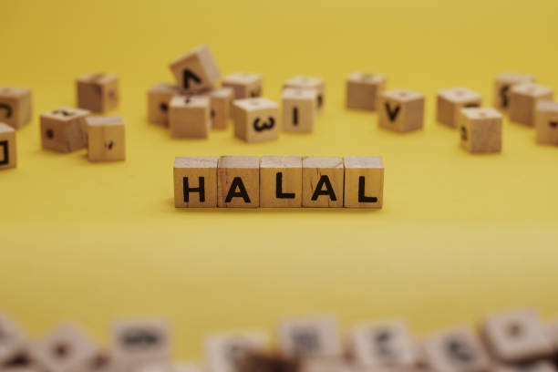 halal wort geschrieben in holzwürfel mit gelbem hintergrund - sharia stock-fotos und bilder