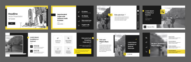 gelbe präsentationsvorlagenelemente auf weißem hintergrund. vektor-infografiken. - fotografisches bild grafiken stock-grafiken, -clipart, -cartoons und -symbole