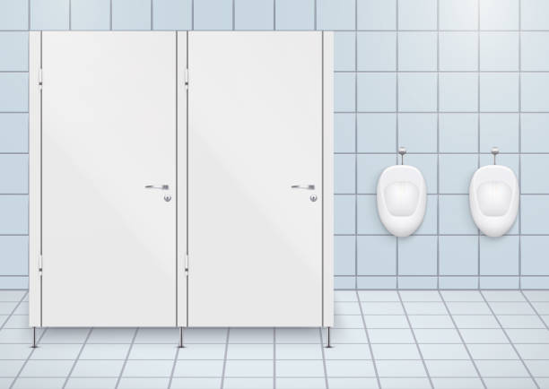 ilustrações de stock, clip art, desenhos animados e ícones de wc restroom with toilet stall and urinals - urinal clean contemporary in a row