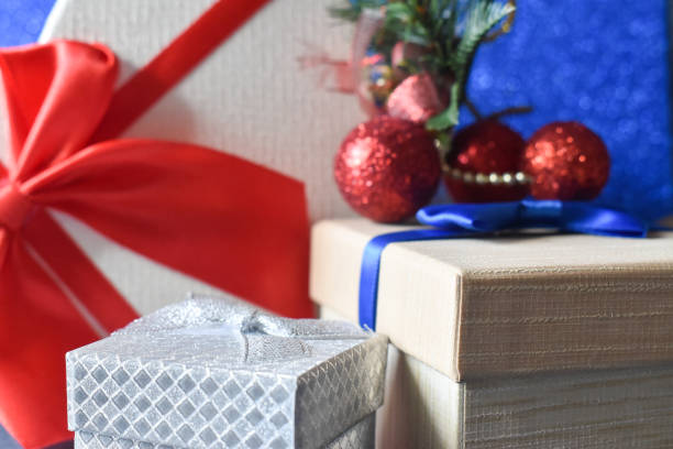 istock Christmas presenet and decorations on blue background 1281224060