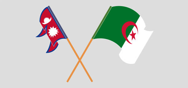 Crossed and waving flags of Nepal and Algeria Crossed and waving flags of Nepal and Algeria. Vector illustration kathmandu people stock illustrations