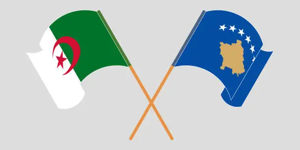 Vector illustration of Crossed and waving flags of Kosovo and Algeria