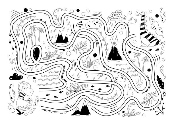 ilustraciones, imágenes clip art, dibujos animados e iconos de stock de colorear dino maze. cool niños mini juego para el desarrollo. ilustración en blanco negro en un estilo de dibujos animados simple. ayuda al bebé a encontrar a la madre del dinosaurio - prehistoric antiquity illustrations