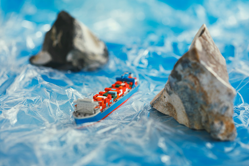 Arctic Icebergs with Miniature model of a Container Ship
