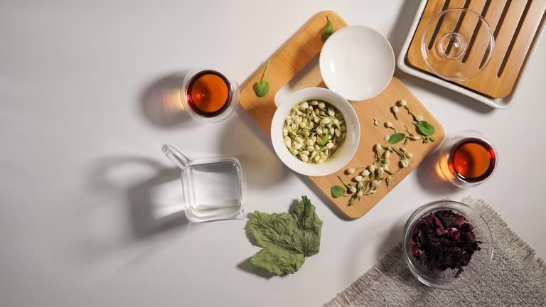 Chinese tea party. Dry granules of different types of tea. Flatlay, top view. herbal tea, on a white background