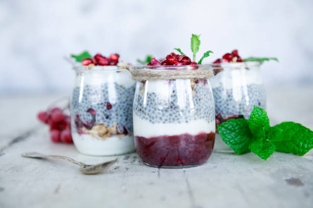 istock Layered healthy breakfast in glass with chia seed pudding 1281228882
