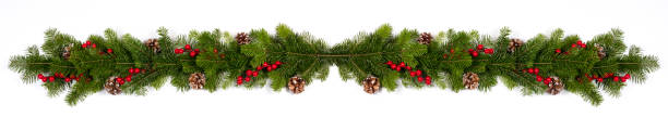 Christmas fir decoration on white Winter and Christmas fir berries and cones composition isolated on white background with copy space evergreen garland stock pictures, royalty-free photos & images