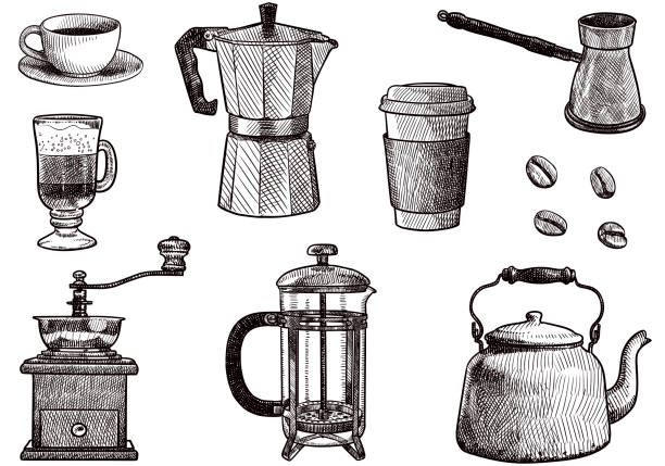 Set of drawings related to coffee Vector drawings of coffee cup, coffee maker, Irish coffee, grinder, french press, coffee beans and kettle grinder stock illustrations