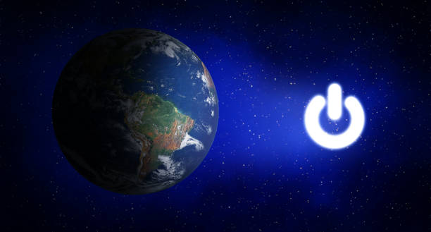 istock Blue earth in the space with electric power button for Earth Hour Event. 1281233999