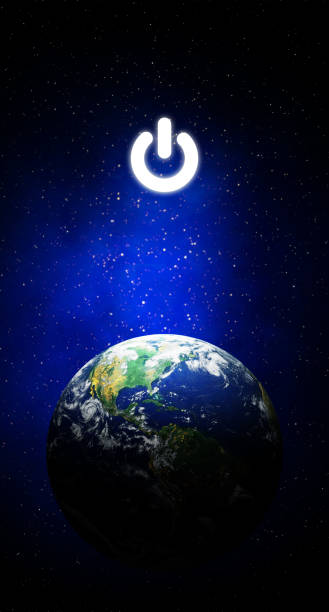 istock Blue earth in the space with electric power button for Earth Hour Event. 1281234013