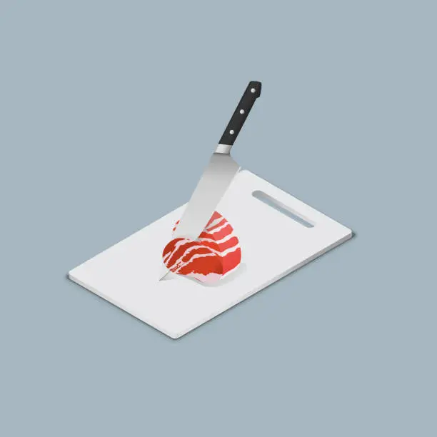 Vector illustration of Cutting up the fresh beef with a chef's knife.  Isometric view.