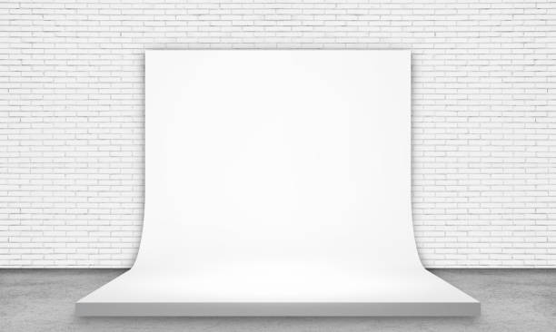 istock White screen in studio room of white brick wall grunge texture background and concrete floor for product showing. 1281234311
