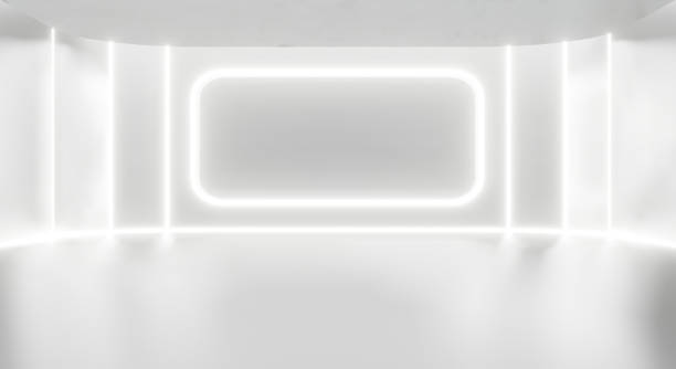 istock Abstract white background geometric in empty studio room. 3d rendering of mockup, empty stage, banner design. Futuristic interior architecture modern design. Perspective of new space with neon light. 1281235722