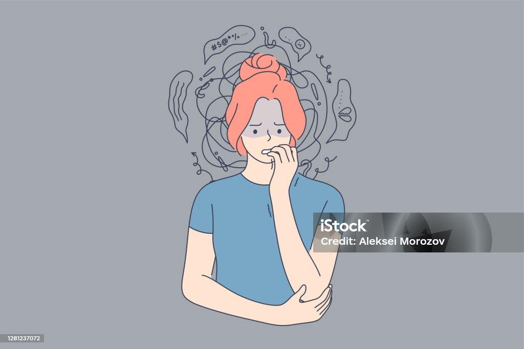 Emotion, face, expression, frustration, panic attack, mental stress, depression, anxiety concept Emotion, face, expression, frustration, panic attack, mental stress, anxiety concept. Young anxious worried woman girl teenager character looking stressed and nervous with hands on mouth biting nails. Anxiety stock vector
