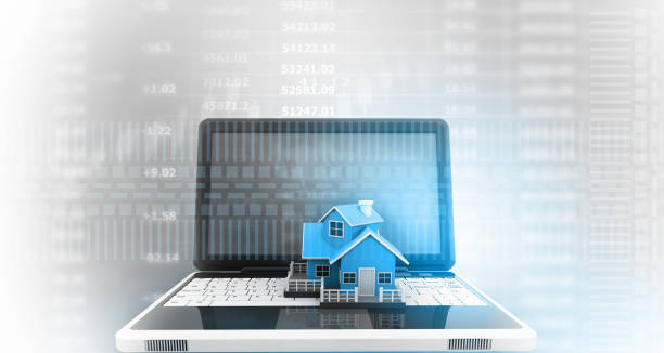 istock Laptop with house model. Real estate concept 1281237611