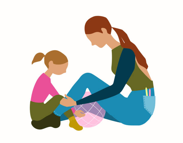 Girl and young woman playing Little girl and young woman (mother, babysitter, caregiver) playing with globe. Modern flat vector illustration. olivia mum stock illustrations