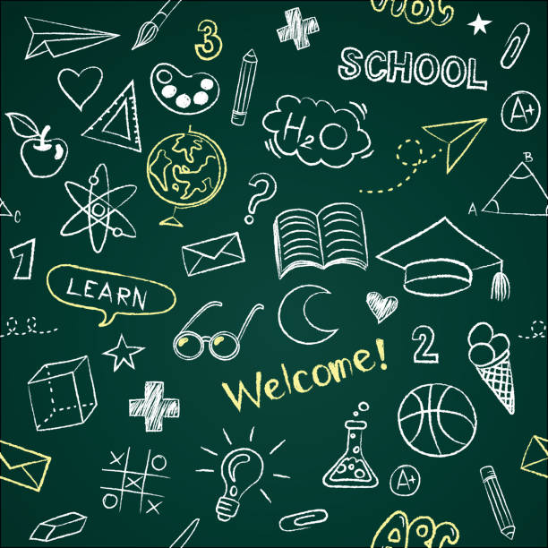 Vector seamless pattern background back to school with education doodle icon symbols on green chalkboard. EPS10. Vector seamless pattern background back to school with education doodle icon symbols on green chalkboard. EPS10. fixture draw stock illustrations